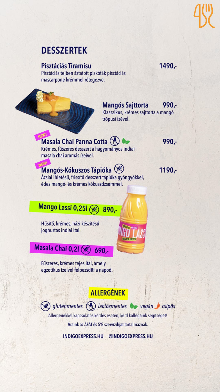 Indigo Express Hercegprímás Indian Street Food Étlap