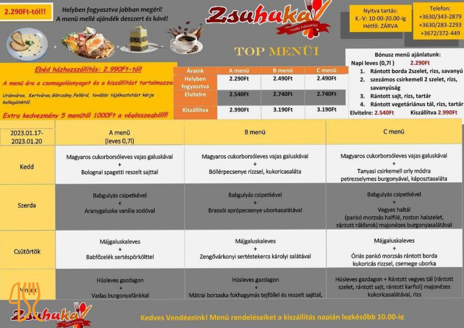 Zsuhuka Vidéki Falatozója Étlap