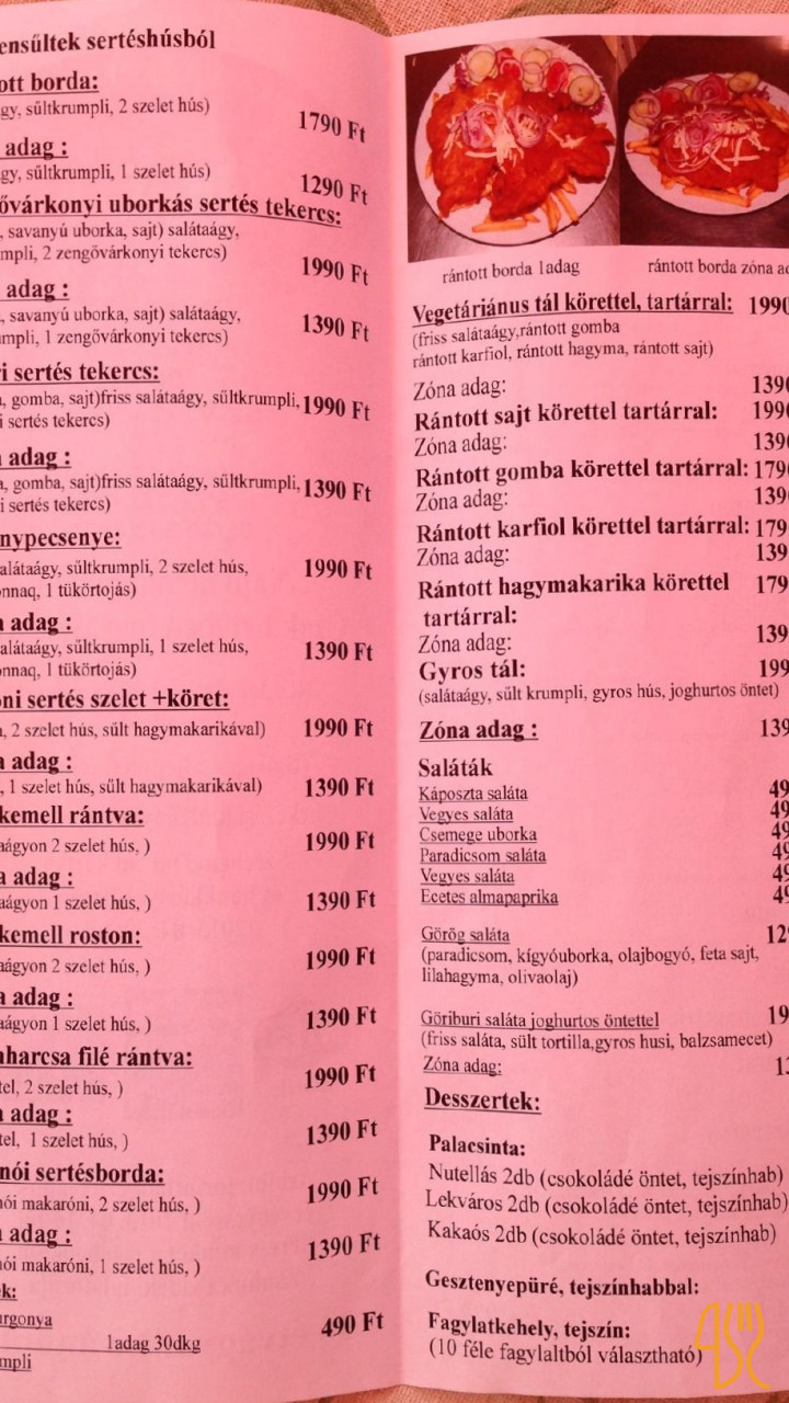 Zsuhuka Vidéki Falatozója Étlap