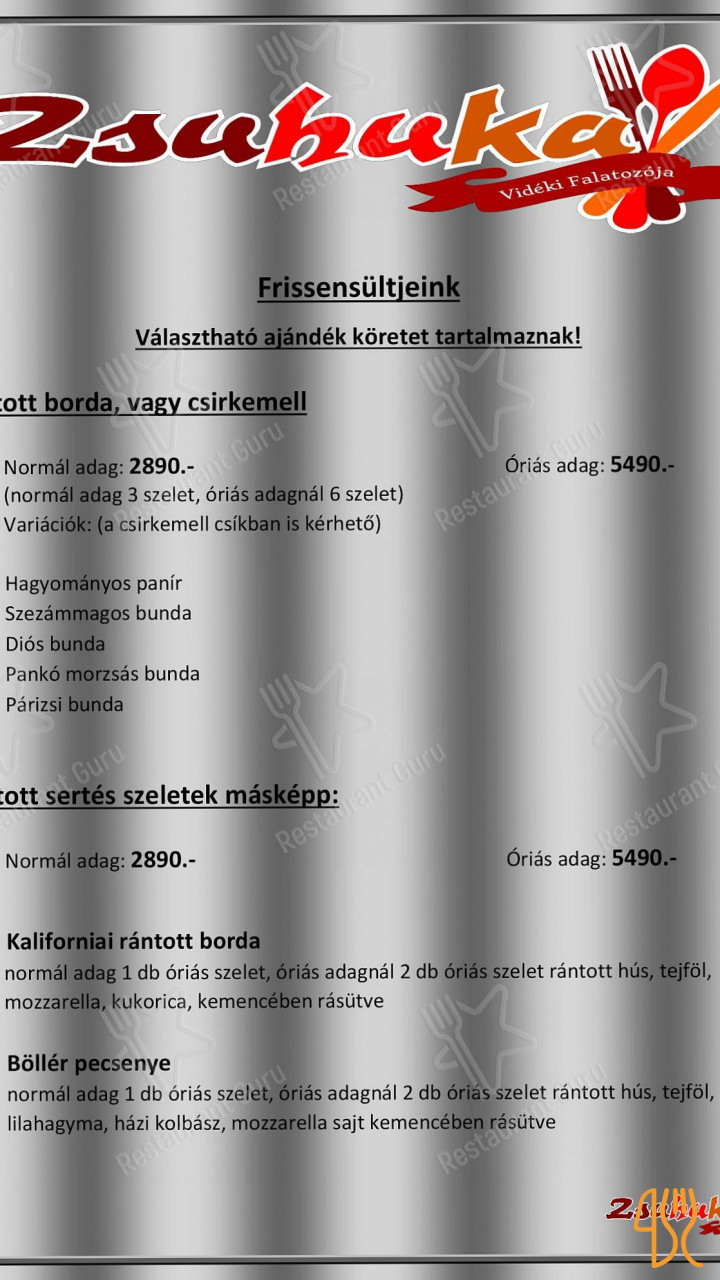 Zsuhuka Vidéki Falatozója Étlap