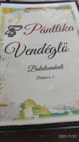 Pantlika Vendeglo menu